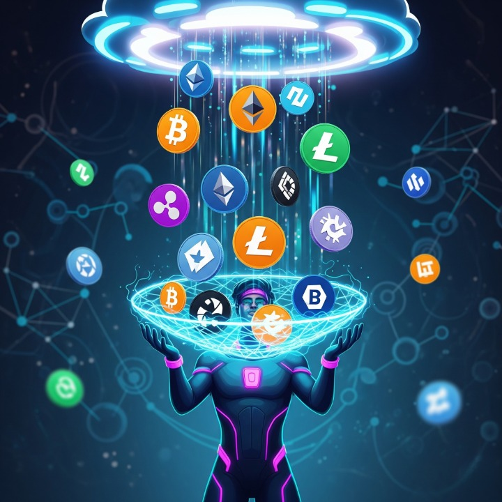 An illustration of crypto tokens descending like rain, representing crypto airdrops, with a person collecting them, symbolizing opportunity in digital asset acquisition.