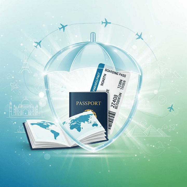 A passport, boarding pass, and a protective shield symbolizing comprehensive travel insurance coverage for global journeys.