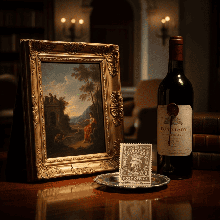 A curated collection of alternative investments, including a classic painting, a vintage wine bottle, and valuable collectibles, representing portfolio diversification and wealth growth.