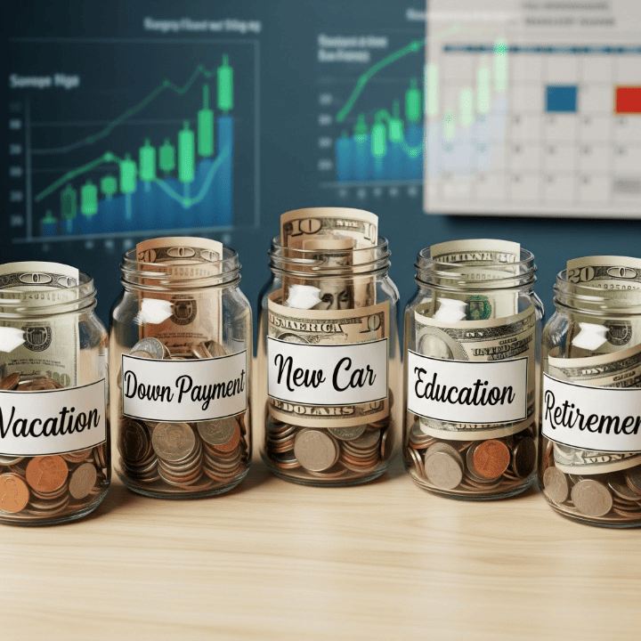 Jars representing various sinking funds with money inside, symbolizing organized savings for specific financial goals.