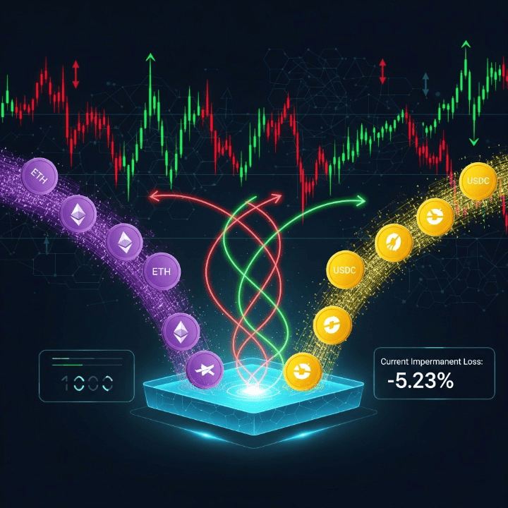 Illustration of cryptocurrency assets in a liquidity pool, with price charts indicating divergence, symbolizing Impermanent Loss in DeFi.