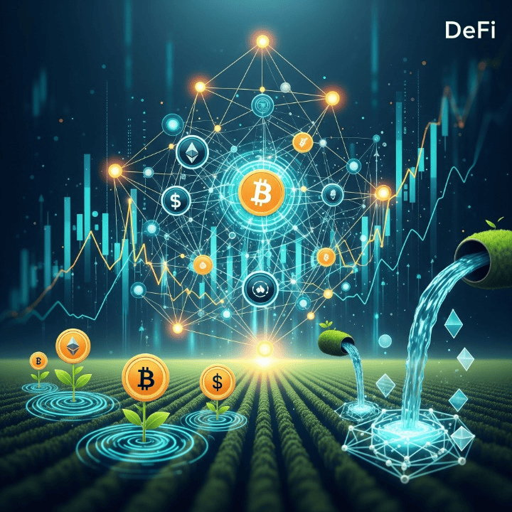Visual representation of Yield Farming and Liquidity Pools in the DeFi ecosystem, showcasing interconnected digital assets and financial growth.