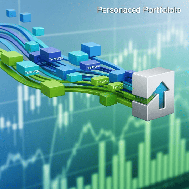 Graphical illustration depicting direct indexing as a highly customized investment portfolio, with individual stock blocks arranged uniquely, contrasting with a generic ETF structure in the background.
