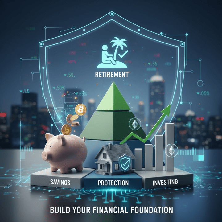 Illustration of a robust financial foundation built on budgeting, savings, investments, and retirement plans, with subtle crypto integration.