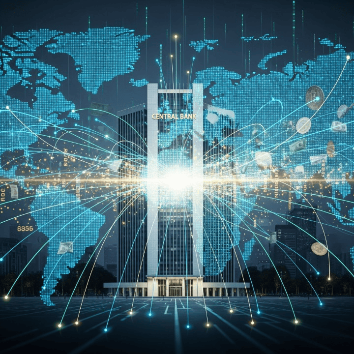 Illustration of Central Bank Digital Currencies (CBDCs) with digital money flowing from a central bank building to various global payment systems and devices.