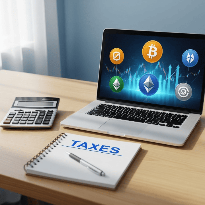 A modern desk scene with a laptop displaying Bitcoin and Ethereum logos and financial charts, representing the topic of crypto taxes. A calculator and notepad are nearby, symbolizing the importance of record-keeping and financial planning for cryptocurrency investors.