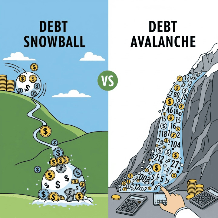 Illustration comparing Debt Avalanche and Debt Snowball debt repayment methods with money, calculators, and diverging paths.
