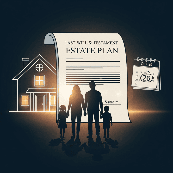 Illustration of a family and home protected by legal documents, symbolizing estate planning security with wills, trusts, and power of attorney.