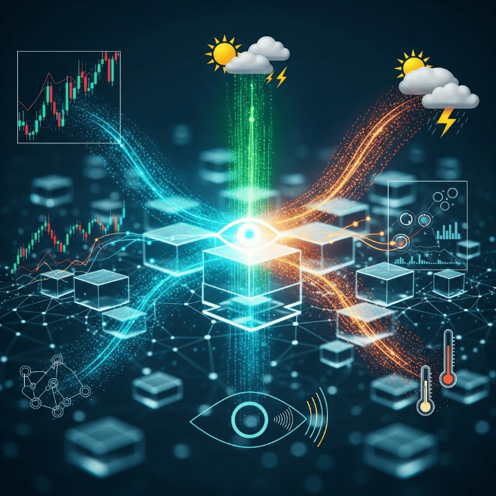 An abstract illustration showing data flowing from various real-world sources into a blockchain network, with a central oracle component acting as a bridge, symbolizing the connection of external information to smart contracts.