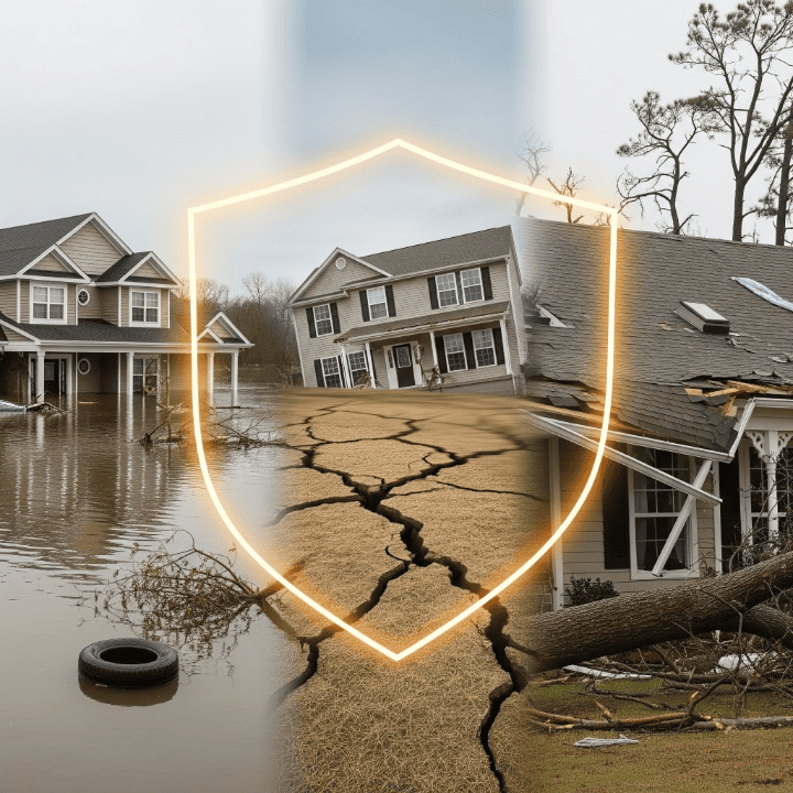 Houses experiencing flood, earthquake, and hurricane damage, illustrating the need for natural disaster insurance.