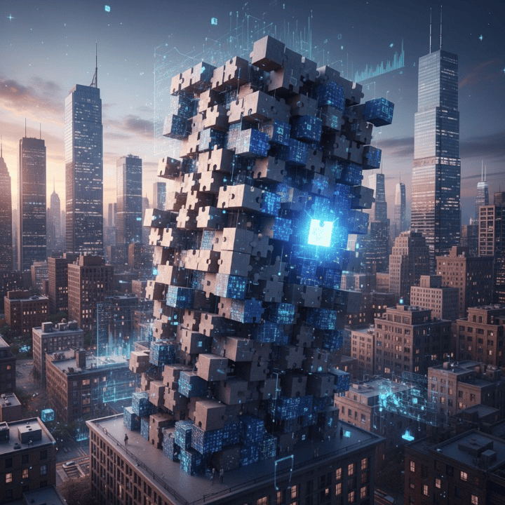 Illustration of a house made of many small, distinct blocks, representing fractional real estate ownership. Some blocks have digital patterns, hinting at blockchain technology. The image conveys the concept of democratized access to property investment through shared ownership, with an underlying question of market stability.