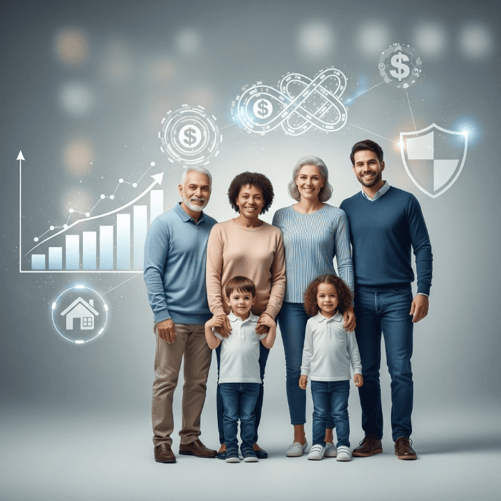 Image illustrating generational wealth building with family members across ages, financial growth charts, blockchain icons, a house, and a shield representing security and legacy.
