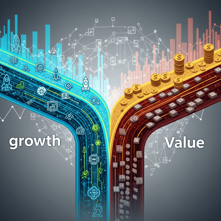Two distinct investment paths, growth and value, represented by symbols and charts, illustrating the choice between high-potential growth and stable, undervalued assets, with a subtle hint of financial technology.