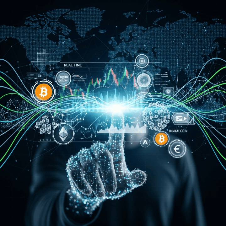 An intricate digital illustration showing artificial intelligence concepts like neural networks and data streams integrated with financial market symbols, including stock charts, cryptocurrency icons, and a secure lock, representing AI's transformative role in investment, risk management, and financial technology.