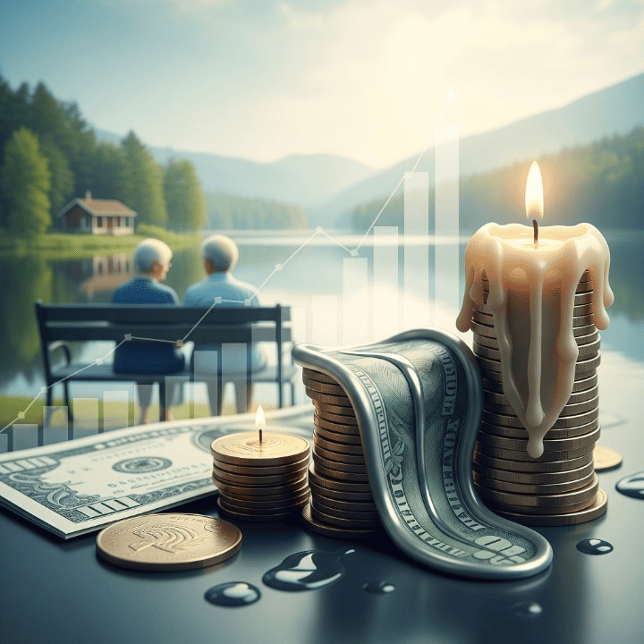 Illustration depicting the erosion of retirement savings due to inflation, showing money decreasing in value next to rising consumer prices.