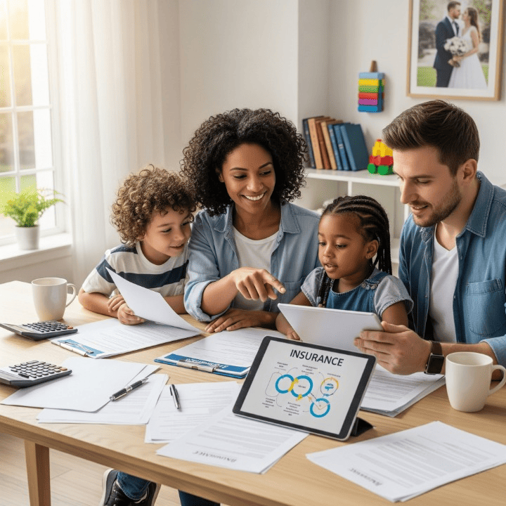 A family reviewing insurance policies, symbolizing financial planning after marriage and having kids.