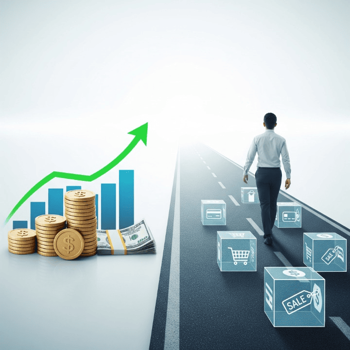 Illustration showing growth of income and smart financial management, with a person actively avoiding unnecessary expenses to build wealth and secure their future.