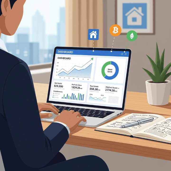 A person tracking their net worth on a laptop, showing financial growth and organization.
