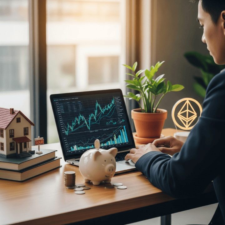 An individual reviewing financial data on a laptop, surrounded by symbols of diverse income streams, illustrating financial security.