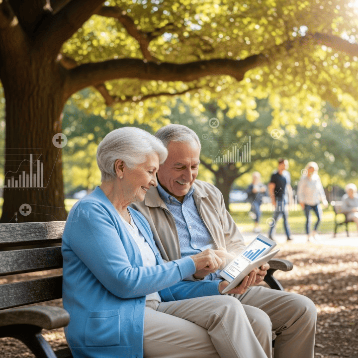 An elderly couple calmly reviewing their retirement healthcare plan on a tablet in a park, symbolizing thoughtful financial planning for future medical expenses.