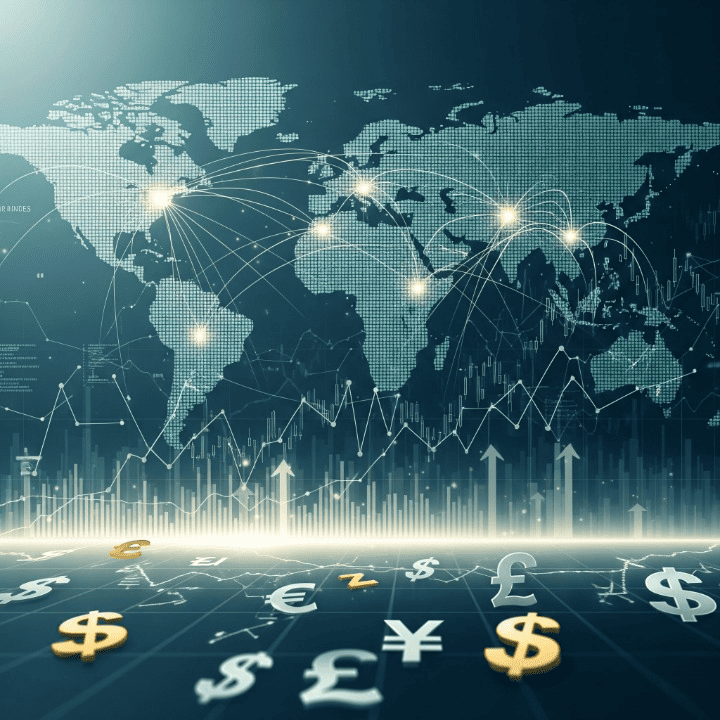 Global map with interconnected lines and financial charts, symbolizing international stock investment and portfolio diversification across global markets.