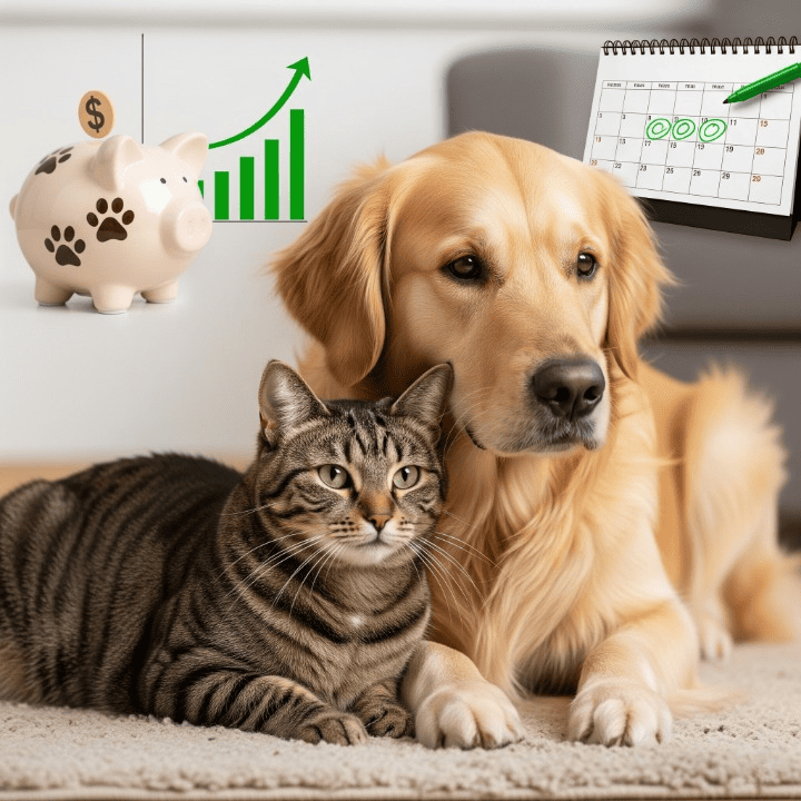A happy dog and cat sitting together, with subtle financial planning symbols in the background like a piggy bank and a financial chart, representing pet insurance as an investment in pet health and financial peace of mind.