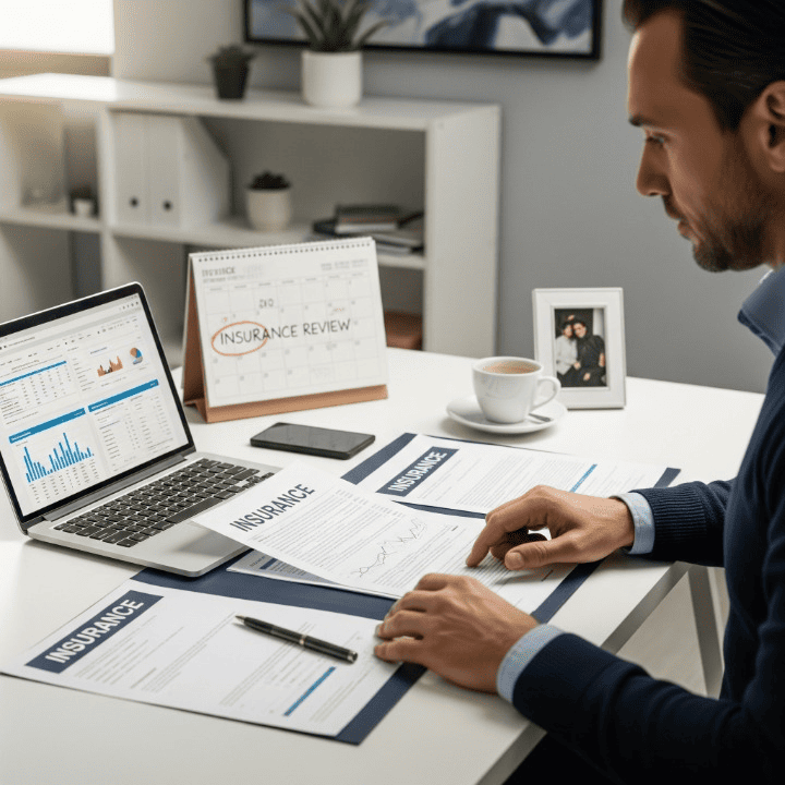 Individual reviewing insurance documents and laptop, signifying an annual policy assessment for financial planning.