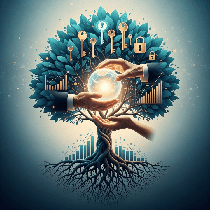 Abstract representation of legacy planning with a growing tree, financial symbols, digital keys, and hands signifying intergenerational wealth transfer.
