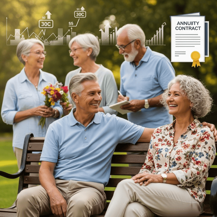 Illustration of happy retirees with financial symbols representing dividends and annuities for a secure retirement.