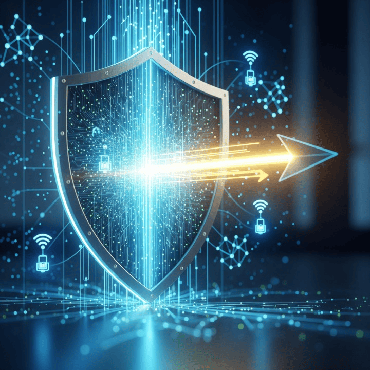 Illustration of parametric insurance with data flowing into a protective shield, symbolizing fast and data-triggered payouts in a secure technological environment.