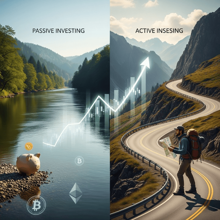 Illustration showing a calm river for passive investing and a challenging uphill road for active investing, symbolizing different paths to financial goals.