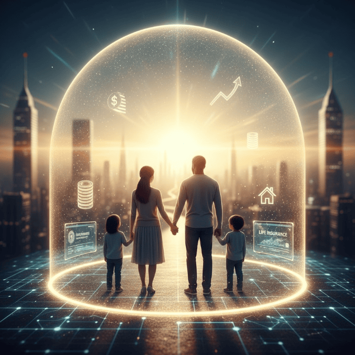 A family holding hands with a protective financial shield in the background, symbolizing life insurance.