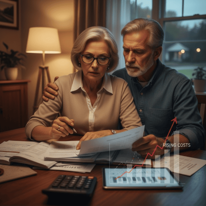 A senior couple discussing their finances, symbolizing the challenge of senior inflation and the need for strategic retirement planning.