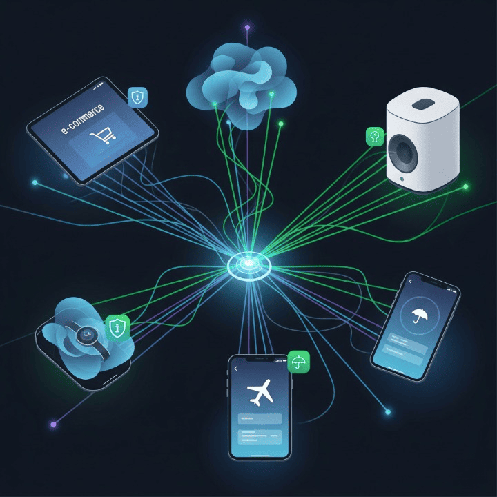 A visual representation of embedded finance, showing insurance services integrated seamlessly into digital products like e-commerce, travel, and smart devices via glowing connections, symbolizing convenience and innovation.