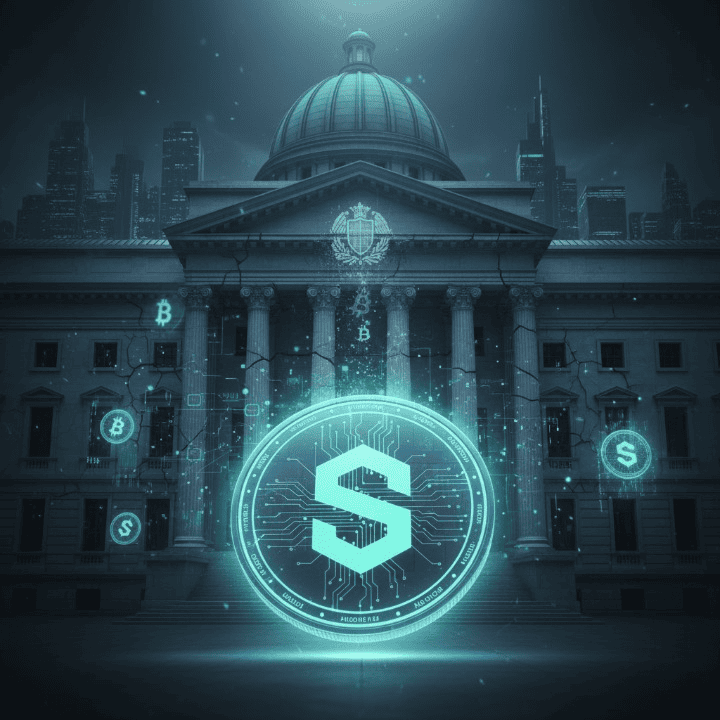 A visual representation of corporate stablecoins impacting central bank authority, showing a digital currency symbol in the foreground and a subtly cracking central bank building in the background, signifying the erosion of monetary sovereignty.