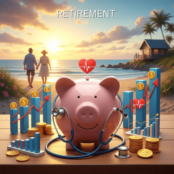 Piggy bank with stethoscope and investment charts, symbolizing Health Savings Account (HSA) for retirement and healthcare savings.