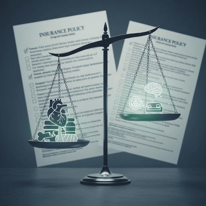 An illustration representing the concept of mental health parity, showing two scales balanced with physical and mental health symbols, amidst a backdrop of insurance documents and a magnifying glass highlighting coverage gaps.