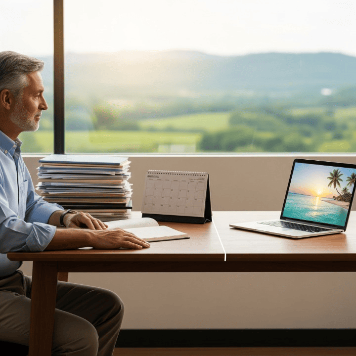 An image depicting the concept of phased retirement, with a person experiencing a gradual reduction in work, leading to a balanced and fulfilling transition to retirement.