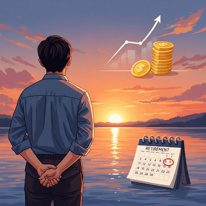 Person looking towards a serene retirement sunset, surrounded by financial charts and coins, symbolizing well-planned retirement savings and financial security.