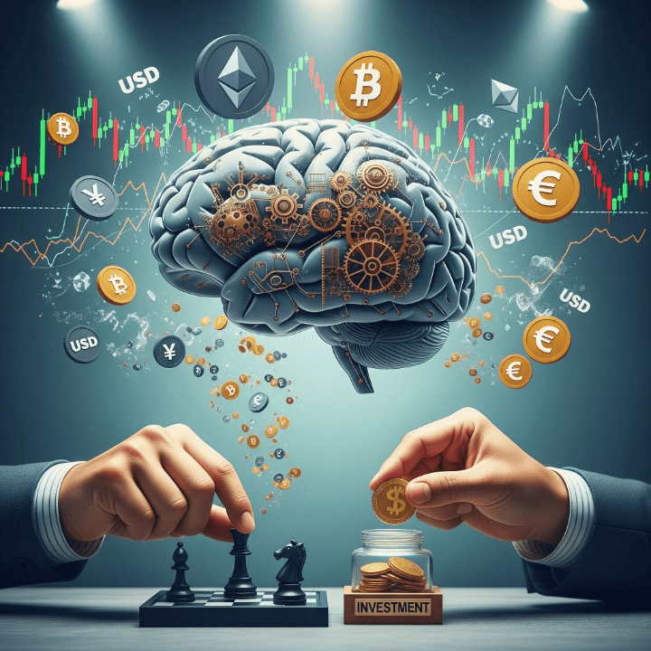 Illustration of a mind making calm, strategic financial decisions amidst market symbols, representing the psychology of investing and avoiding emotional choices.