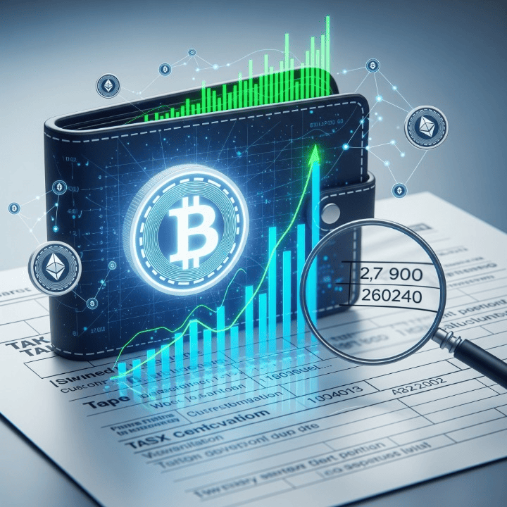 Digital wallet and crypto symbols on financial charts with tax forms, representing the tax implications of cryptocurrency investments.