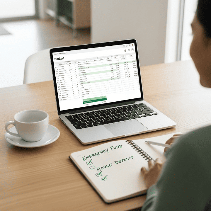 A person works on their personal budget on a laptop, with a notebook of financial goals nearby, symbolizing financial planning.