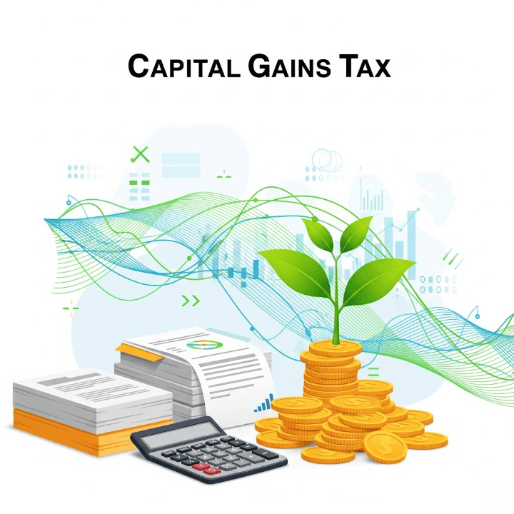 An illustration of financial documents, a calculator, and growth symbols, representing capital gains tax planning.