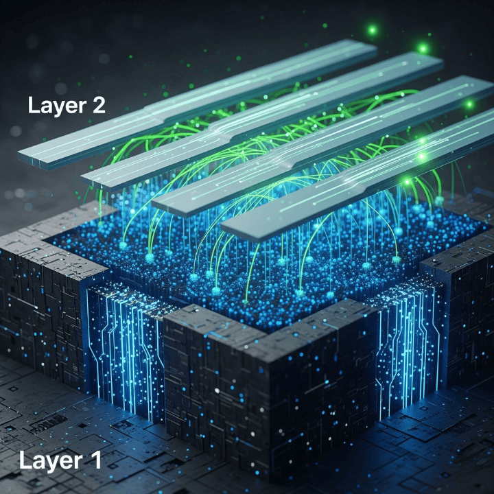 A visual representation of Layer 1 and Layer 2 blockchain scaling solutions, showing a foundational layer supporting faster, more efficient layers above.