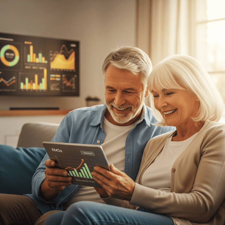 A smiling older couple reviewing retirement documents, symbolizing understanding and effective management of Required Minimum Distributions (RMDs).