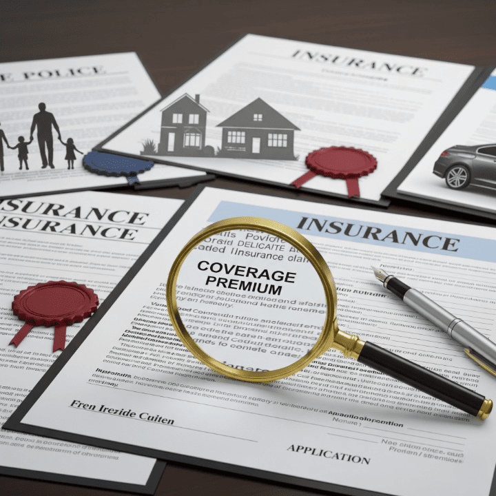 Magnifying glass examining insurance policy documents with subtle icons representing life, home, and auto insurance, illustrating the concept of understanding and customizing insurance riders and endorsements for comprehensive financial protection.