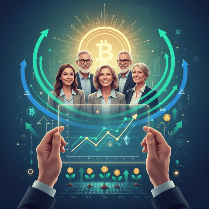 Illustration of a diverse group of people interacting with abstract financial graphs and digital currency symbols, representing the concept of understanding and participating in stock market investing for financial growth and retirement planning.