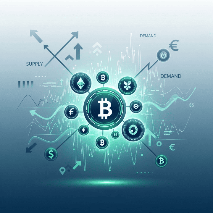 Illustration of tokenomics, showing cryptocurrency tokens, economic graphs, and symbols of supply and demand, representing the financial principles of digital assets.