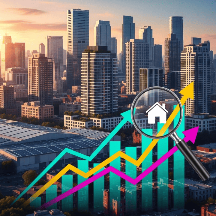 A graphic depicting Real Estate Investment Trusts (REITs) with city buildings and financial growth charts, illustrating the concept of real estate investing through the stock market.