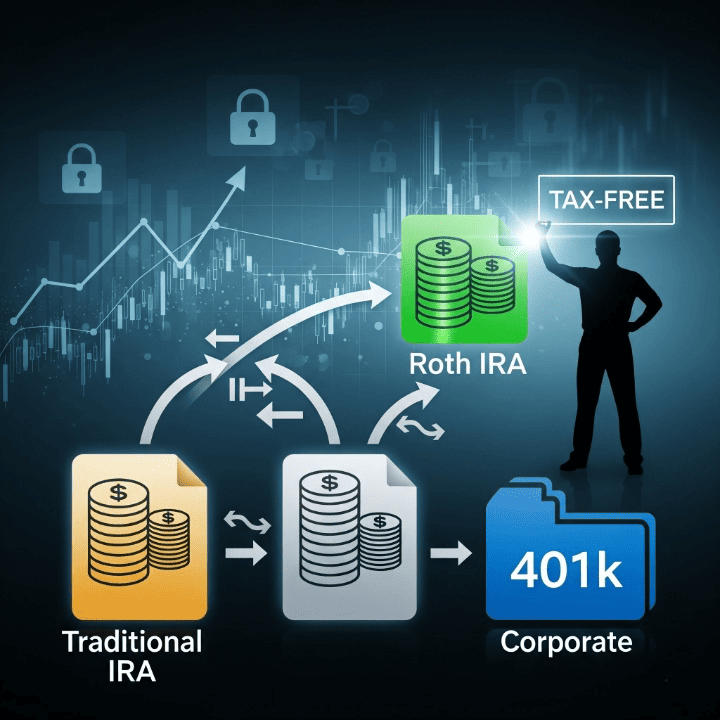 A visual representation of the Backdoor Roth IRA strategy, showing funds flowing from a Traditional IRA to a Roth IRA, highlighting tax advantages for high-income earners in retirement planning.